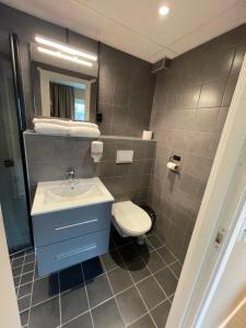 La salle de bains est pourvue d'un lavabo et de toilettes. dans l'établissement Mosjøen Hotel, à Mosjøen