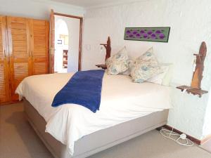 a bedroom with a large bed with a blue blanket at Rheola's Guest Cottage in Harrismith
