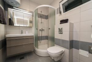 a bathroom with a shower and a toilet and a sink at Apartmani Bella Luce in Pašman