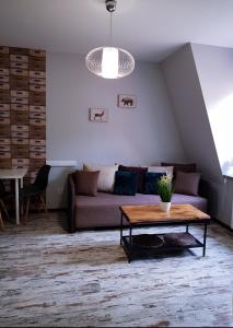 a living room with a couch and a table at Apartament Evita in Karpacz