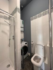 a bathroom with a toilet and a shower at The Cornish Bank Flats in Falmouth