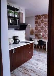 a kitchen with a stove and a counter top at Apartament Evita in Karpacz