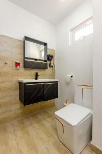 a bathroom with a toilet and a mirror at C-view Apartments in Flic-en-Flac +30 photos