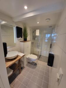 a bathroom with a sink and a toilet and a shower at Brygga Restaurant and Rooms in Å