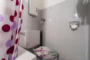 a small bathroom with a toilet with a shower curtain at Ferienwohnung Hillgruber in Oberstdorf