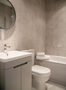 a bathroom with a toilet and a sink and a mirror at Harlow Apartment 3 in Harrogate