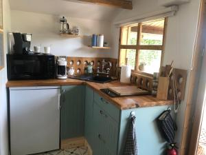 a kitchen with a counter with a microwave and a sink at Chalet La Romance in Prouilly