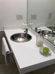 Studio Coirón في كومودورو ريفادافيا: منضدة الحمام مع الحوض والمرآة