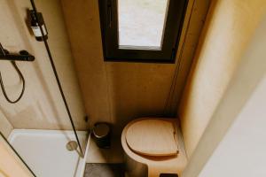 baño pequeño con aseo y ventana en Parcel Tiny House I Ferme de Beaulieu, en Vibraye