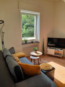 sala de estar con sofá y TV en Ferienwohnung Gartenblick, en Bernkastel-Kues
