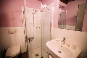 a bathroom with a shower and a sink and a toilet at Ristolocanda Grani Di Pepe in Flaibano