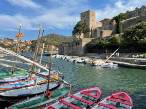 un groupe de bateaux dans l'eau près d'un château dans l'établissement SAPHIR - Vue Mer et Montagne - WIFI FIBRE- PISCINE et GARAGE Privé, à Collioure