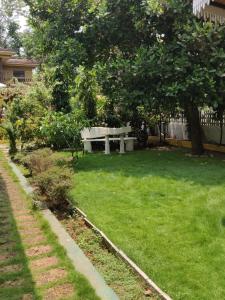 a garden with a bench in the middle of a yard at Villa Agastya in Betalbatim