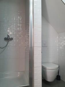 a white bathroom with a toilet and a shower at Old Town Baska in Baška