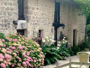 尚尼耶的住宿－Gites les Lignons，一座花园,在一座建筑前方种有粉红色花卉