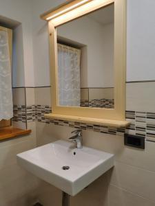 een badkamer met een witte wastafel en een spiegel bij App Col di Lana - Agriturismo La Majon da Col in Colle Santa Lucia