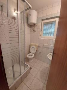 a bathroom with a shower and a toilet and a sink at Apartment Pezić in Krk