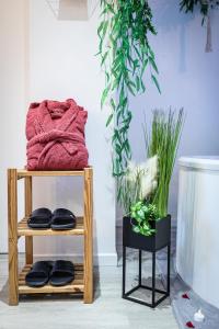 a shelf with black shoes and plants in a room at Suite L'echappee - Maison romantique - SPA & Sauna Privatif- Pole Dance - Lit rond avec miroir au plafond in Pézarches