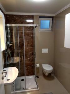 a bathroom with a shower and a toilet and a sink at Apartment Cherry Gold in Zrenjanin