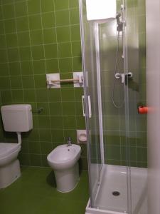 y baño de azulejos verdes con aseo y ducha. en Doge Inn, en Ronchi dei Legionari