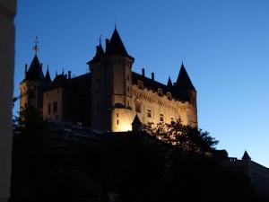 un château éclairé la nuit dans l'établissement Studio Séquoia au pied du Château, à Saumur