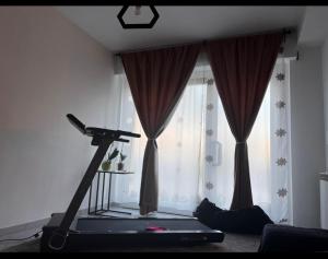 a room with a treadmill in front of a window at WellHome in Marina di Montemarciano