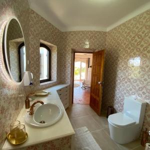 a bathroom with a sink and a toilet and a mirror at Casa do Milho in Carvoeiro