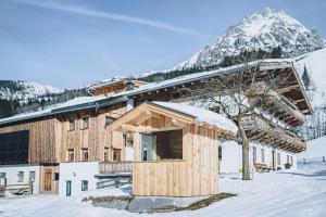 drewniany budynek w śniegu z górą w obiekcie Appartement Adamhof Spielberg Leogang w mieście Leogang