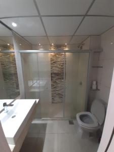 a bathroom with a shower and a toilet and a sink at Departamento en el centro de la ciudad in Encarnación