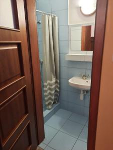 a bathroom with a shower curtain and a sink at Agroturystyka Patynówka in Kletno +12 photos