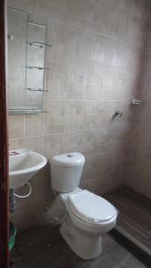a bathroom with a white toilet and a sink at Finca Las Mercedes en encantador entorno natural in El Triunfo