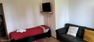 a living room with a couch and a tv at L'incanto home in Bologna