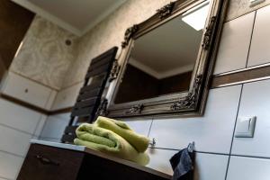 W łazience znajduje się lustro i zielony ręcznik. w obiekcie cottage oak w mieście Elgersburg