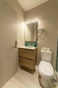 een badkamer met een toilet, een wastafel en een spiegel bij Le Casa-blanca Magnifique Appartement chic&cosy in Collobrières