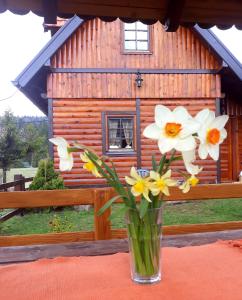 un jarrón de flores en una mesa frente a una cabaña en Brvnare Na Brdu en Šljivovica