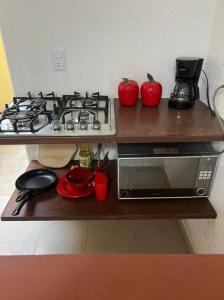 encimera de cocina con fogones y microondas en New Home Sol, Mar y Arena Ixtapa. en Ixtapa