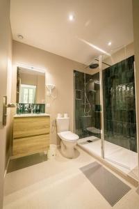 a bathroom with a toilet and a shower and a sink at Le Pearl Appartement de charme en bord rivière in Collobrières
