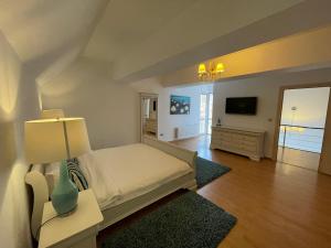 a large bedroom with a bed and a tv at Kyra Luxury Penthouse in Sinaia