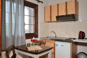 a kitchen with a sink and a table with flowers on it at Artemis Apartments in Konitsa