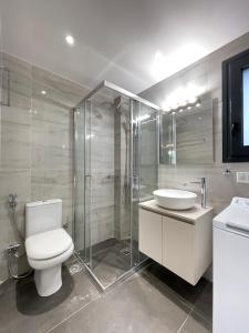 e bagno con servizi igienici, lavandino e doccia. di Modern Apartments near Marina Flisvos ad Atene