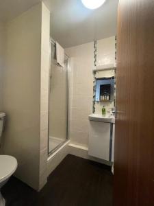 uma casa de banho com um chuveiro, um WC e um lavatório. em The Bell Guesthouse em Peterlee