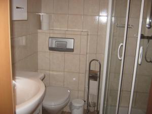 a small bathroom with a toilet and a shower at 2 Sterne Pension Gasthof ohne Internet in Steinbach am Attersee