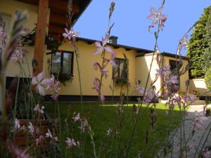 una casa con flores rosas delante de ella en Appartement Ferienhaus Sonnenhain, en Sollenau