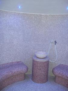 ein Bad mit einem Waschbecken und einer Dusche in einem Zimmer in der Unterkunft Aparthotel Museumshof in Fehmarn