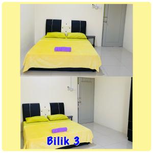 two pictures of a bed with a yellow sheet at D' Corner Islam Homestay in Kuala Kangsar
