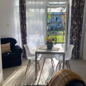 een tafel en stoelen in een woonkamer met een raam bij Green garden in Žarkovo