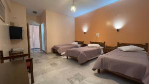 a room with two beds and a flat screen tv at Hotel Cosmos in Athens