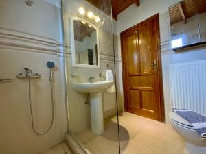 a bathroom with a sink and a shower and a toilet at Villa Azure in Skiathos