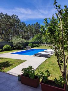 a swimming pool in a garden with a tree at Sobreomar in Bueu