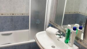 a bathroom with a sink and a shower and a mirror at Sopelana pueblo con Garaje & Wifi in Sopelana